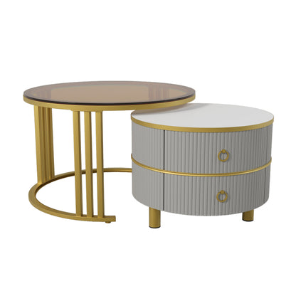 2-in-1 runder MDF-Couchtisch, Beistelltisch mit 1 Hochglanz-Tischplatte und 1 brauner Tischplatte aus gehärtetem Glas, Wohnzimmer-Couchtischkombination mit 2 Schubladen, 70*70*45 + 50*50*40 cm