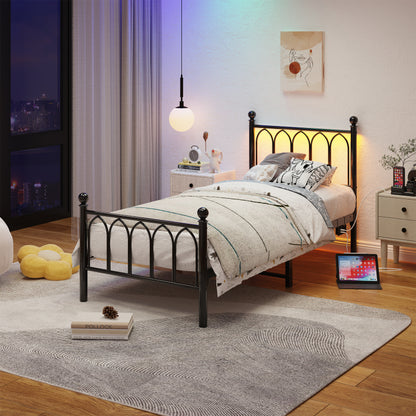 90x200cm Metall Bettrahmen mit Vintage Kopf und Fußplatte, USB-Ladestation, LED-Bettrahmen, Heavy Duty Stahl Slat Unterstützung, Reichweite Unterbett-Speicher, Keine Box-Feder erforderlich, Schwarz