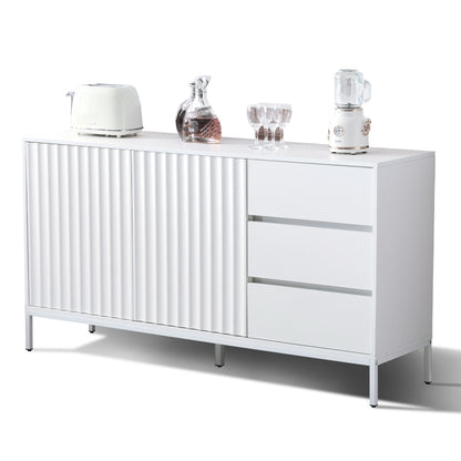 1.5m weißes modernes minimalistisches Sideboard, Aufbewahrungsschrank, Wellenmuster-Design, verstellbare Einlegeböden, 3 Schubladen, geeignet für Küche, Wohnzimmer, Korridor und andere Multi-Szene