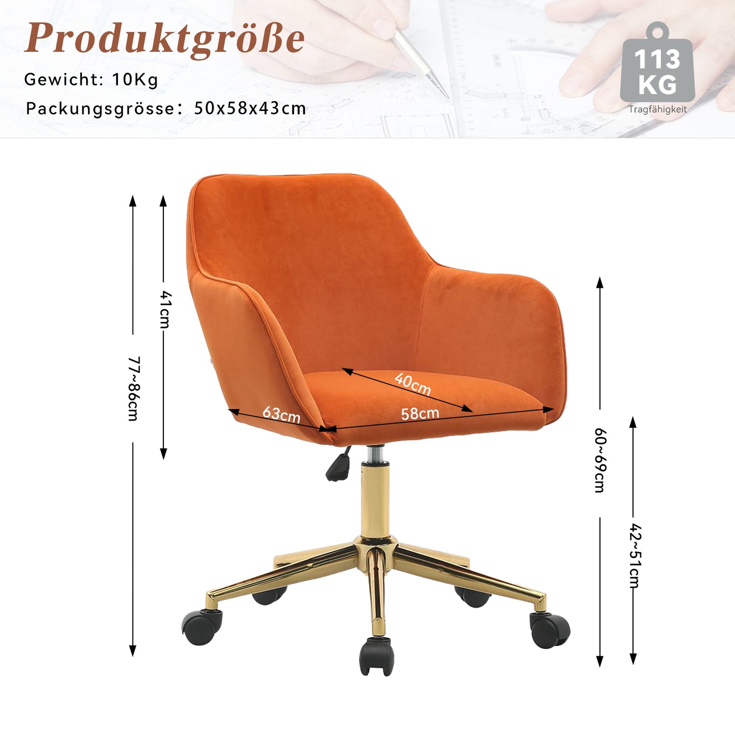 Neuer höhenverstellbarer Drehstuhl aus Samtstoff für das Büro im Innenbereich mit goldenen Beinen,Orange