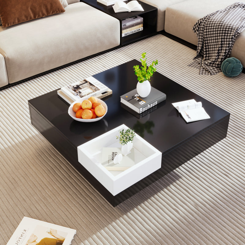 Couchtisch, Hochglanz-Wohnzimmertisch, Beistelltisch mit abnehmbarer Aufbewahrungsbox, Farbblockweiß und Schwarz, 72*72*30 cm, Mit LED-Lichteffekt.