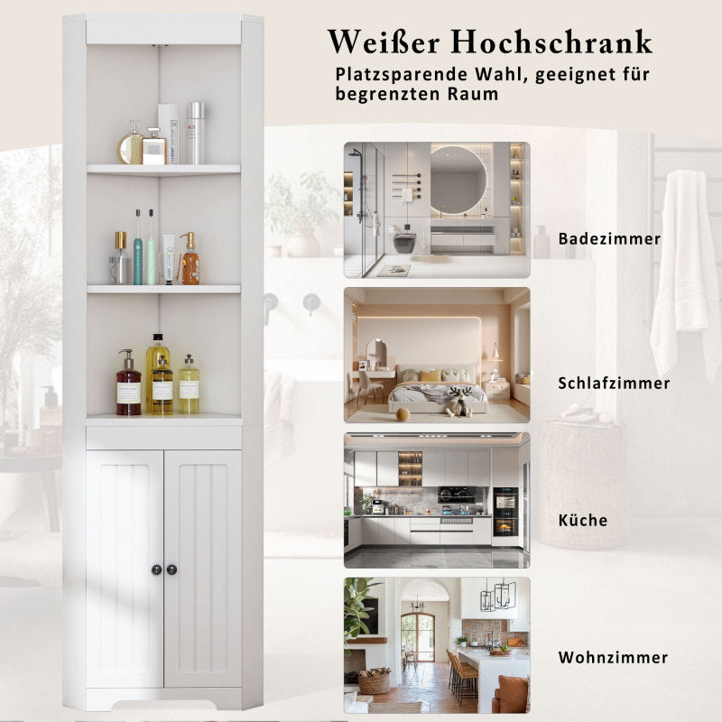 Badezimmer-Hochschrank, Drei offene Ablagefächer, Feuchtigkeitsgeschützte Flügeltüren, Verschiebbare Einlegeböden, Schlichte Form, Weiß