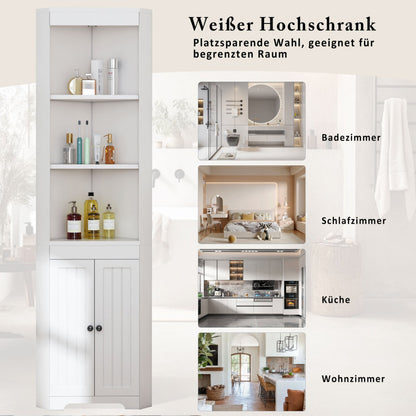 Badezimmer-Hochschrank, Drei offene Ablagefächer, Feuchtigkeitsgeschützte Flügeltüren, Verschiebbare Einlegeböden, Schlichte Form, Weiß