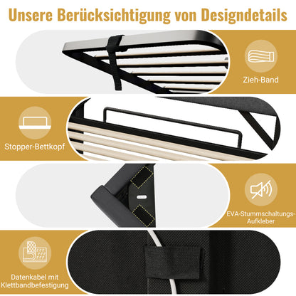 Polsterbett Einzelbett 90*200, Stauraum Kopfteil mit USB und Typ C-Port ,360-Surround-LED-Funktion rund um Kopf- und Fußende des, Betten mit Hydraulisch Stauraum, Beige , Leinen(Ohne Matratze)