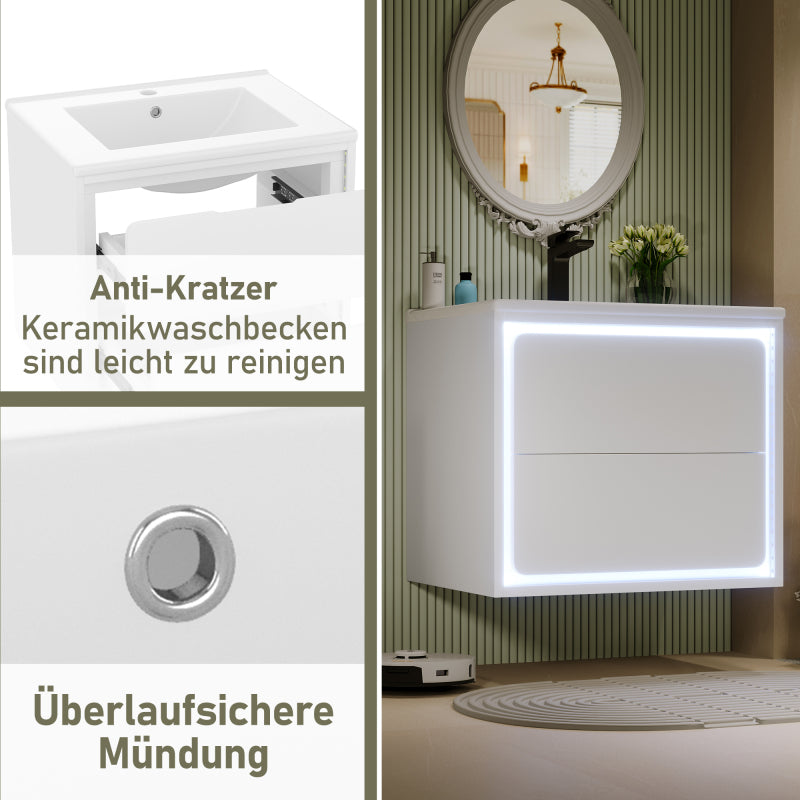 60x46x50cm Wandhängend Badezimmerschränke, komplett lackiert, LED-Radarsensor-Beleuchtung, zwei Schubladen, leise Gleitschienen, Waschtisch,integriertes Waschbecken, weiß