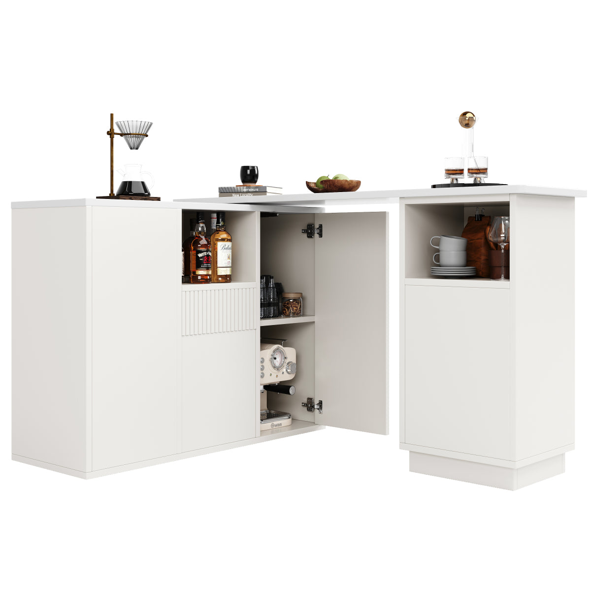 360° Drehbarer Bartisch 210cm L-Form Kücheninsel mit Marmor-Optik Arbeitsplatte, Moderner Tresen & Aufbewahrungsschrank Weiß, Sideboard