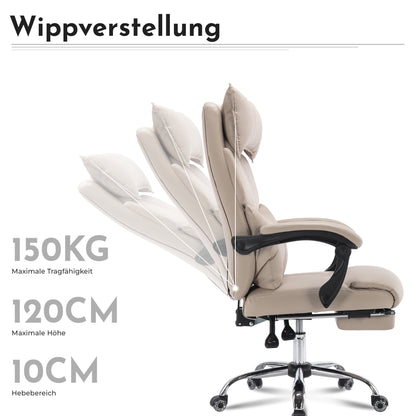 Chefsessel Beige PU-Leder, Ergonomisch, Höhenverstellbar, Doppel-Lordosenstütze