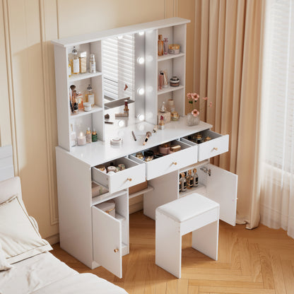 Großer Schminktisch, Make-up Tisch mit verstellbarer LED-Beleuchtung,  Weiß