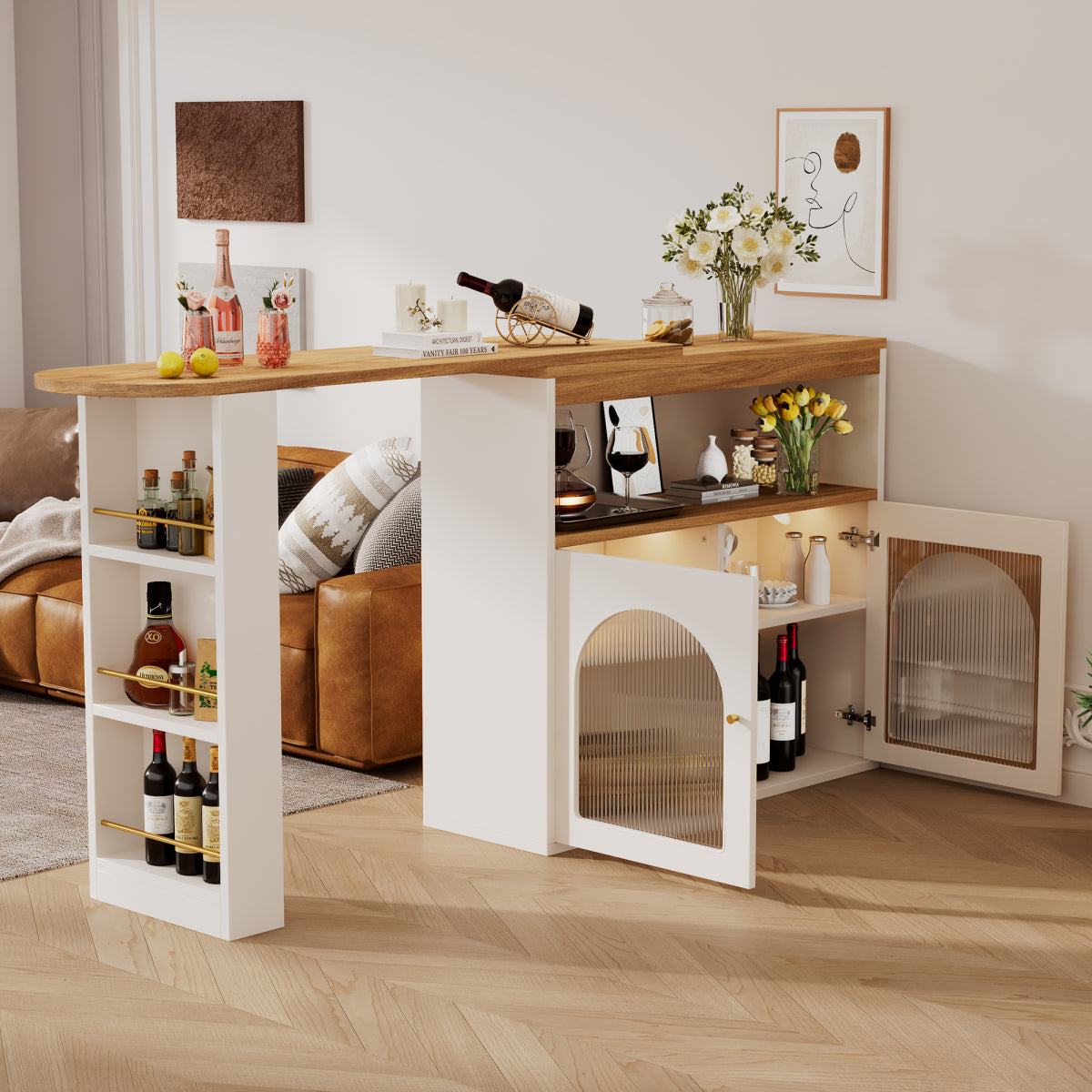 Bartisch ausziehbar 138-193cm, 360° drehbarer Stehtisch mit LED & Glasfront, Bistrotisch mit Regal, Esstisch mit Stauraum, Weiß