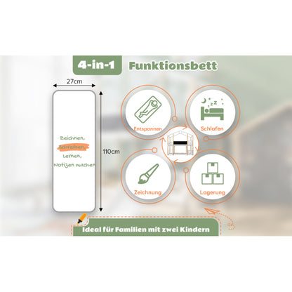 Kinderbett Baumhaus mit Rutsche & Leiter 90 x 200 cm, Hochbett für Kinder– 2x Lattenrost- Natur & Weiß