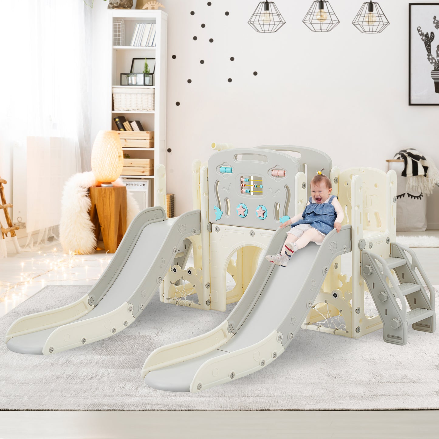 Kinderspielplatz-Set 8-in-1, Freistehendes Meerestier-Motiv-Set mit Rutsche, Bogentunnel, Basketballkorb und Teleskop, Doppelte Rutschen für Kleinkinder, Klettergerüst für Kinder