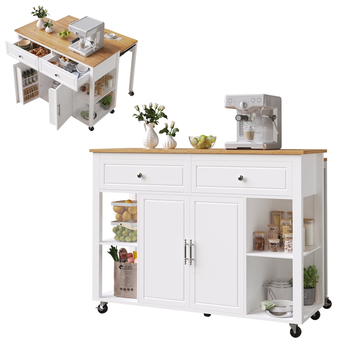 Kücheninsel mit Rollen & ausziehbarer Platte, Servierwagen Weiß/Holzoptik, 120cm Sideboard mit 7 Rollen, 2 Schubladen & verstellbaren Regalen