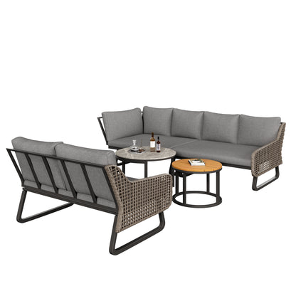 Gartenmöbel-Set für 6-7 Personen, Outdoor-Lounge-Set, Rattan-Handwerk, mit zwei Tischen, mit verzinktem Eisengestell, verstellbare Beine, inklusive aller Sitz- und Rückenkissen, grau