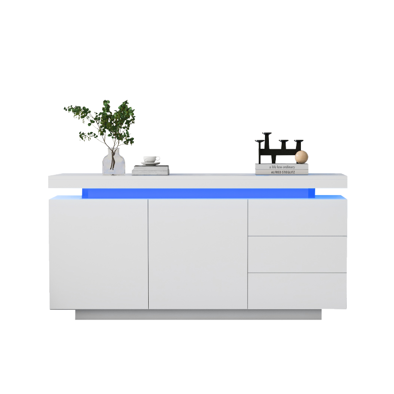 Sideboard Schrank Modern Wohnzimmer Beistellschrank Standschrank Kommode Highboard Anrichte Möbel 2 Türen 3 Schubladen Hochglanz Sideboard mit LED Licht Grifflose 140x35x72.5cm - Weiß