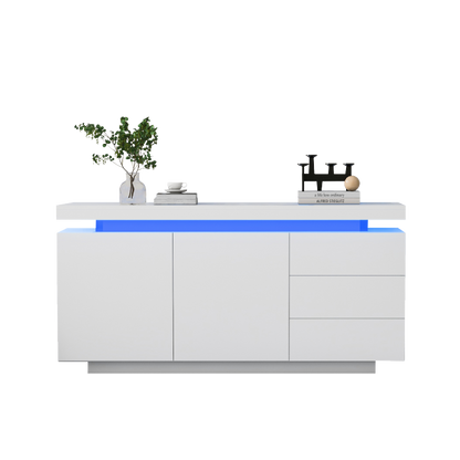 Sideboard Schrank Modern Wohnzimmer Beistellschrank Standschrank Kommode Highboard Anrichte Möbel 2 Türen 3 Schubladen Hochglanz Sideboard mit LED Licht Grifflose 140x35x72.5cm - Weiß