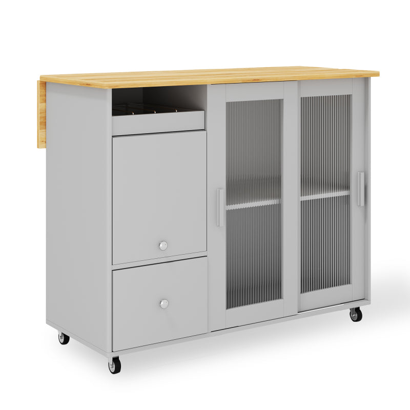 112×46(69)×91cm, klappbarer Kücheninselwagen, Eichenholzfurnier, Weinregal, Schubladen, großer Kücheninselwagen mit Schiebetüren aus gehärtetem Glas und verstellbaren Einlegeböden, mobiler Inselwagen