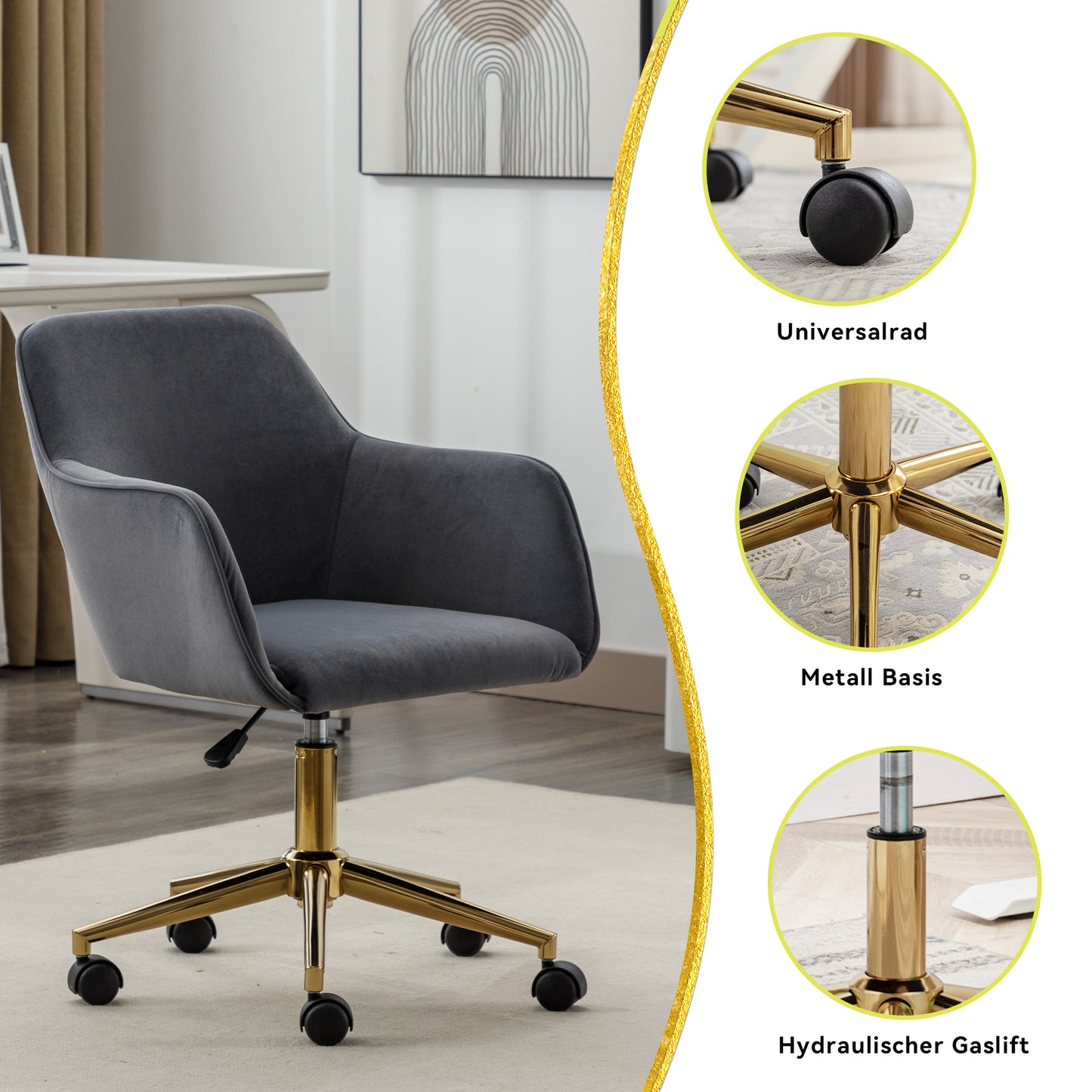 Neuer höhenverstellbarer Drehstuhl aus Samtstoff für das Büro im Innenbereich mit goldenen Beinen, grau