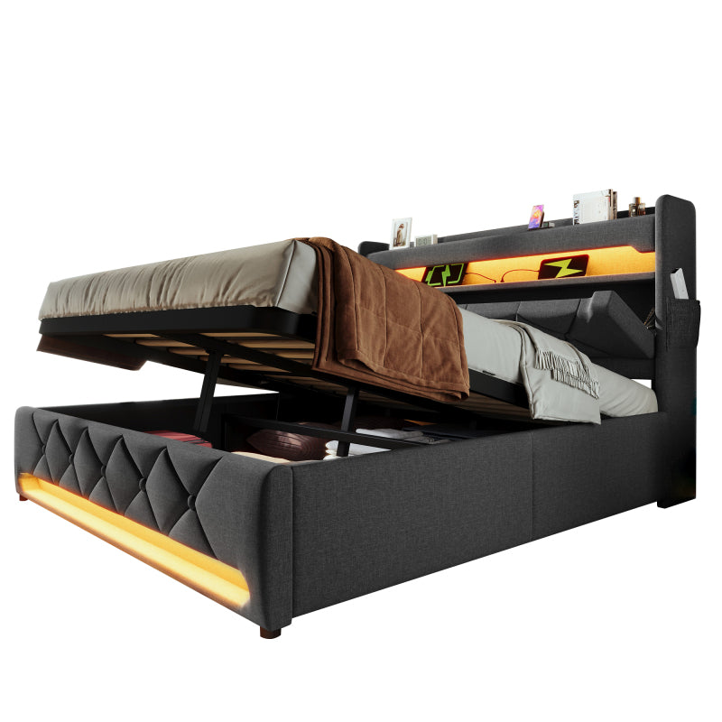 Polsterbett Doppelbett 180*200, Stauraum Kopfteil mit USB und Typ C-Port ,360-Surround-LED-Funktion rund um Kopf- und Fußende des, Betten mit Hydraulisch Stauraum, Grau , Leinen(Ohne Matratze)