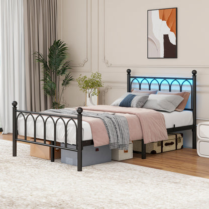 120x200cm Metall Bettrahmen mit Vintage Kopf und Fußplatte, USB-Ladestation, LED-Bettrahmen, Heavy Duty Stahl Slat Unterstützung, Reichweite Unterbett-Speicher, Keine Box-Feder erforderlich, Schwarz