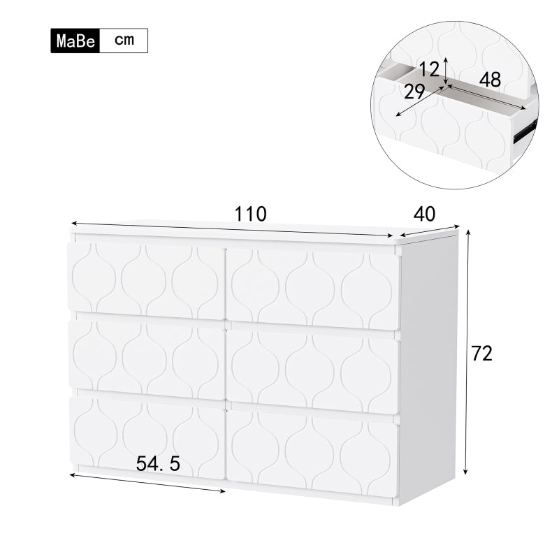 Kommode mit 6 Schubladen, Flurschrank, für Wohnzimmer, Bad und Schlafzimmer, Wellenmuster, lackiert, stoßfestes Eckdesign, 6 Fächer, 110 B x 40 T x 72 H, weiß