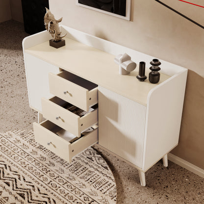 Sideboard mit drei Schubladen, exquisite Maserung. Sideboard für Schlafzimmer und Wohnzimmer, Moderne Holzfarbe-Sideboard mit Stauraumregalen. L117,5 cm