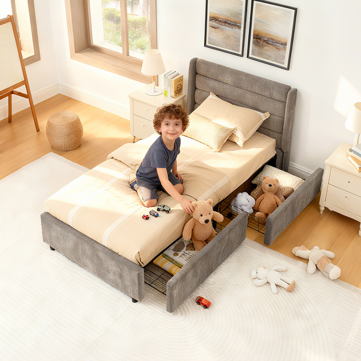 Einzelbett 90×200 cm mit Chenille-Oberfläche & 2 Schubladen, stabiles Bettgestell aus Holz/Metall, ideal für Kinder-, Jugend- & Gästezimmer, Gray (ohne Matratze)