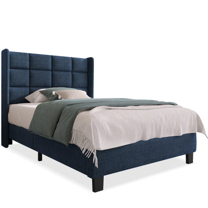 Modernes Design Polsterbett Mit seinem gepolstertes Kopfteil Einzelbett mit Lattenrost, 90x200cm ,in Blau Leinen, mittelfest (Ohne Matratze)