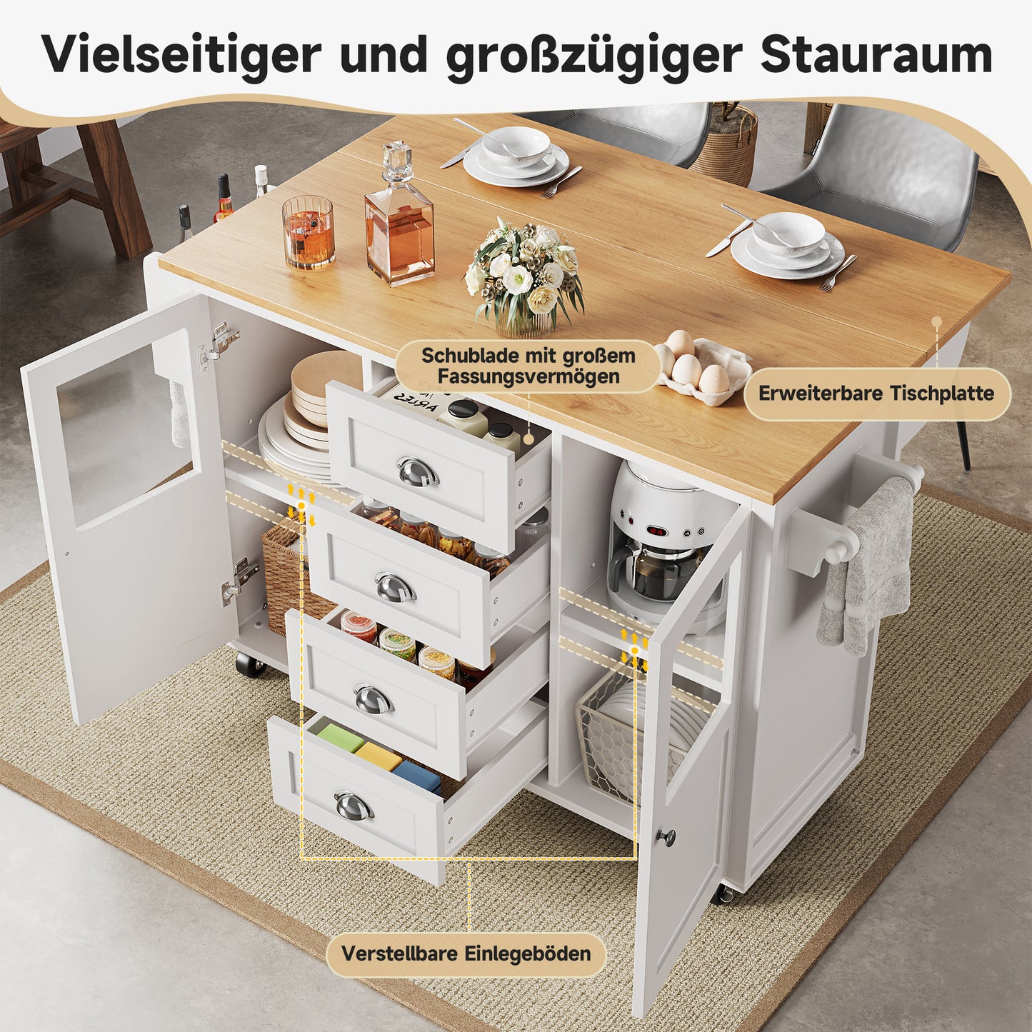 Kücheninsel,Küchenschrank,Buffetschrank,120x73(45)x93cm,ausziehbarer Küchenwagen mit Rollen, Handtuchhalter, Gewürzregal, verstellbaren Einlegeböden, zwei Türen, vier Schubladen, weiß