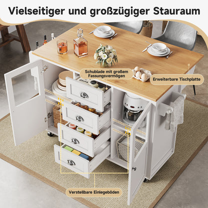 Kücheninsel,Küchenschrank,Buffetschrank,120x73(45)x93cm,ausziehbarer Küchenwagen mit Rollen, Handtuchhalter, Gewürzregal, verstellbaren Einlegeböden, zwei Türen, vier Schubladen, weiß