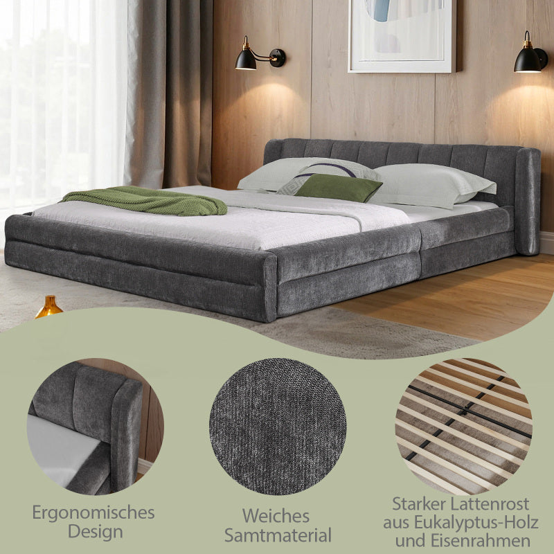 Doppelbett 160×200cm, Chenillestoff, komfortable Rückenlehne, robustes Eukalyptus- und Eisengestell, einfach zu montieren, Dark Gray (ohne Matratze)