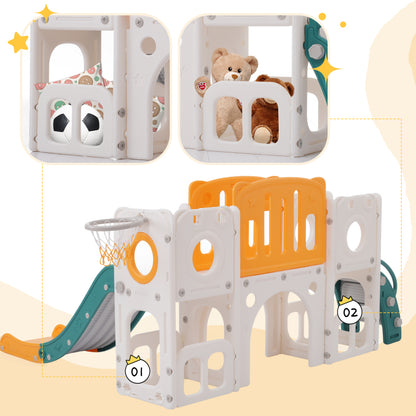Bären Kinder 6-in-1 Rutsche mit einer Rutsche, zwei Plattformen, zwei Bodenschrankfächern, Basketballkorb und Treppe - Hochdichtes Polyethylen (Ozeanbälle nicht enthalten