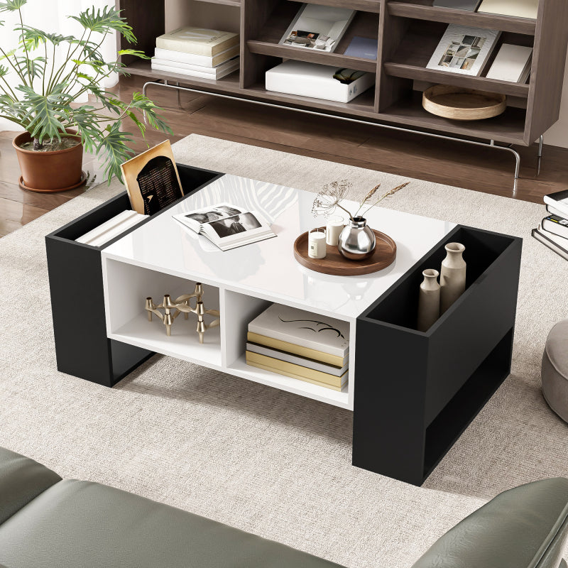 Moderner Couchtisch 105 x 60 x 40,5 cm – Schwarz-Weiß-Design mit hochglänzender Oberfläche, Schublade und 4 offenen Fächern