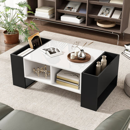Moderner Couchtisch 105 x 60 x 40,5 cm – Schwarz-Weiß-Design mit hochglänzender Oberfläche, Schublade und 4 offenen Fächern