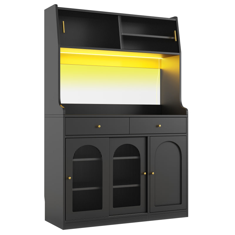 Küchenschrank, Esszimmerschrank mit 2 Schubladen, Sideboard mit LED-Beleuchtung, schwarz