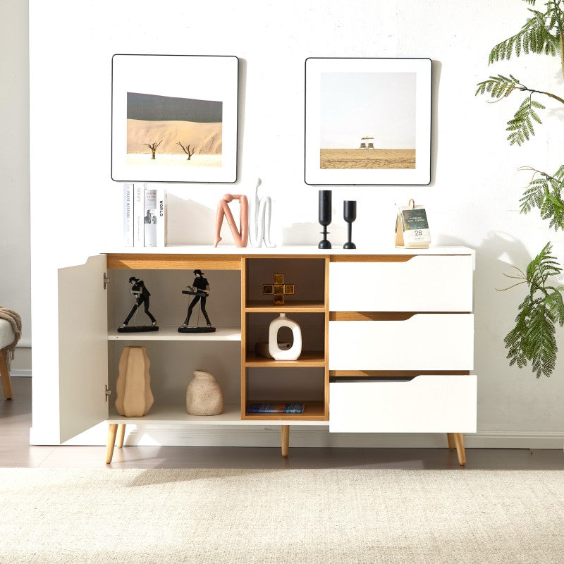Modernes weißes Sideboard mit Einlegeböden, 3 Schubladen und offenem Stauraum, mit Kippschutz-Design – geeignet für Küche, Esszimmer und Wohnzimmer