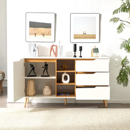 Modernes weißes Sideboard mit Einlegeböden, 3 Schubladen und offenem Stauraum, mit Kippschutz-Design – geeignet für Küche, Esszimmer und Wohnzimmer