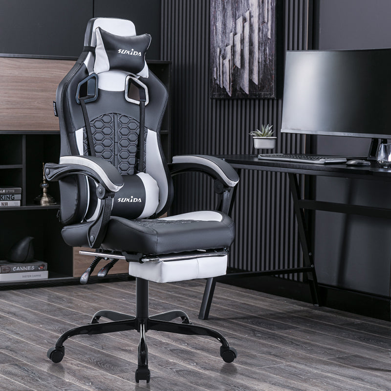 Gaming Stuhl, Ergonomischer Gaming-Stuhl mit Fußstütze, Racing Gaming Chair Kopfstütze Verstellbarer Computerstuhl Höhenverstellbar Lendenwirbelstütze für Homeoffice und Gaming Schwarz