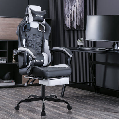 Gaming Stuhl, Ergonomischer Gaming-Stuhl mit Fußstütze, Racing Gaming Chair Kopfstütze Verstellbarer Computerstuhl Höhenverstellbar Lendenwirbelstütze für Homeoffice und Gaming Schwarz