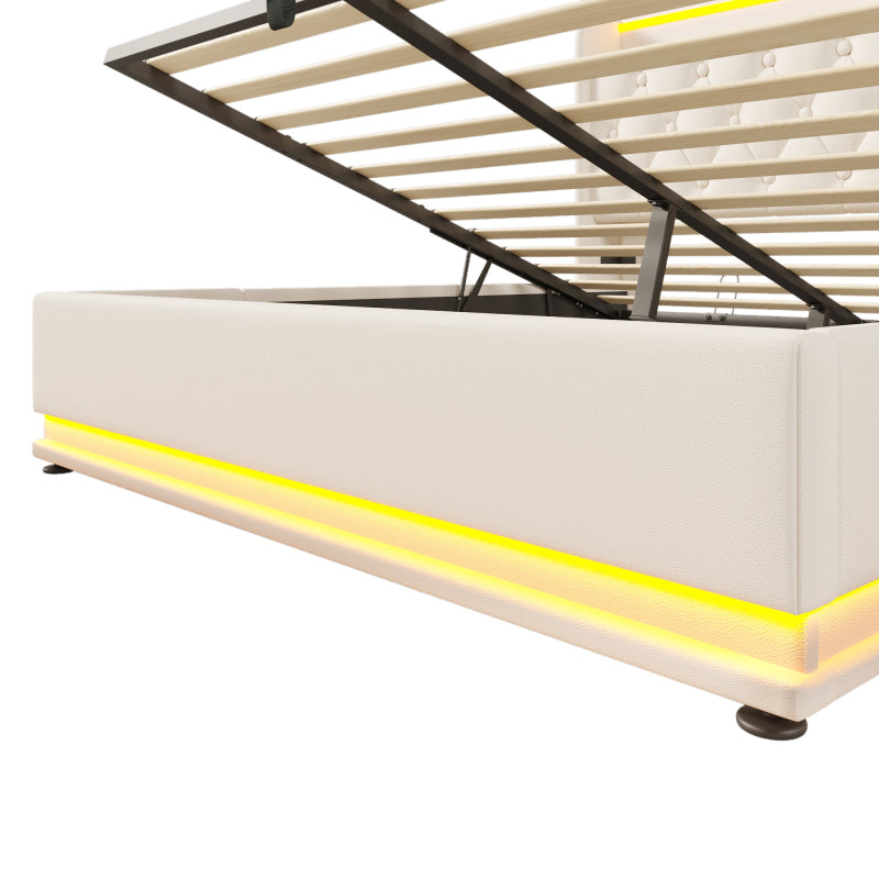 Polsterbett Doppelbett, 360-Surround-LED-Funktion, Drucktaste/App/Fernbedienung, 160*200 cm, weiß PU-Material Hydraulisches Lagerbett, gepolstertes Kopfteil mit USB Typ-C Ladefunktion (Mit Matratze)