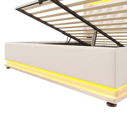 Polsterbett Doppelbett, 360-Surround-LED-Funktion, Drucktaste/App/Fernbedienung, 160*200 cm, weiß PU-Material Hydraulisches Lagerbett, gepolstertes Kopfteil mit USB Typ-C Ladefunktion (Mit Matratze)