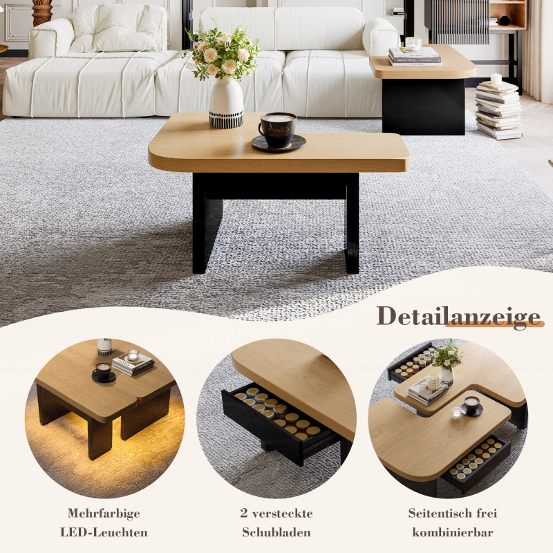 Moderner Couchtisch mit LED-Design aus umweltfreundlichem Holz, 2-in-1-Design, weiche Rundungen, höhenverstellbare Füße