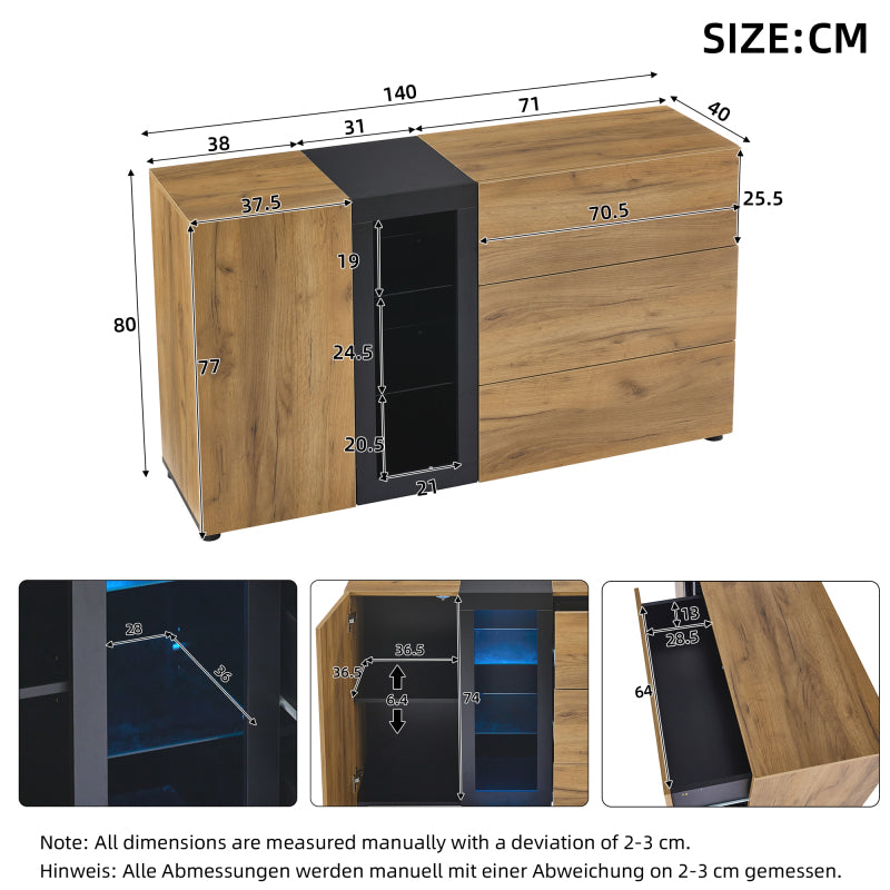 Sideboard, Modernes Anrichte Schrank Buffetschrank Sideboard mit 3 Schubladen,Accent Konsolentisch-Aufbewahrungsschrank mit Glas, Breite 140 cm