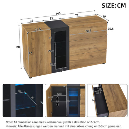 Sideboard, Modernes Anrichte Schrank Buffetschrank Sideboard mit 3 Schubladen,Accent Konsolentisch-Aufbewahrungsschrank mit Glas, Breite 140 cm