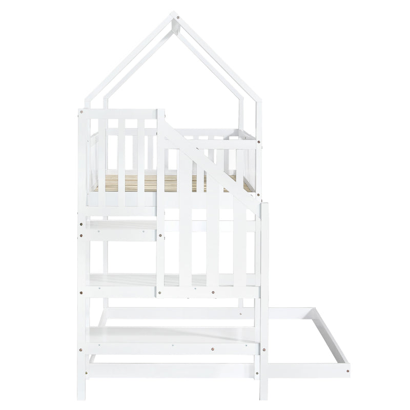 [29994142WAA]Etagenbett, Hausbett mit Treppe, Kinderbett mit Fallschutz und Gitter, Rahmen aus Kiefer, weiß (90x200&140*190cm)