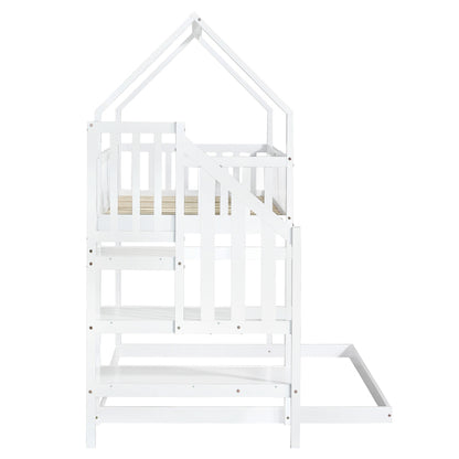 [29994142WAA]Etagenbett, Hausbett mit Treppe, Kinderbett mit Fallschutz und Gitter, Rahmen aus Kiefer, weiß (90x200&140*190cm)