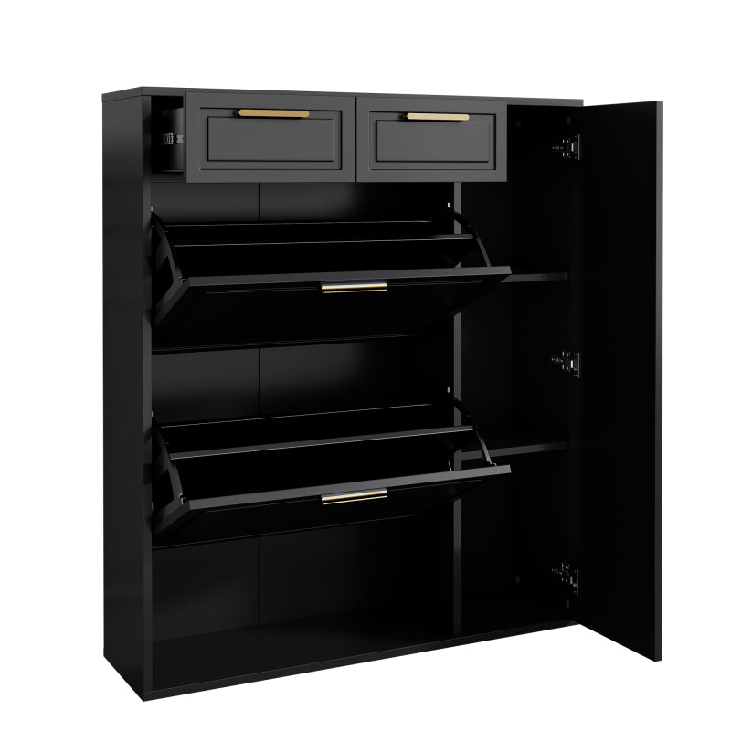 Moderne Schuhschrank, mit verstellbaren Regalen, goldenen Griffen, Schubladen, Klappschuhschrank und Türen,  Schwarz, B95/D24/H107