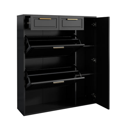 Moderne Schuhschrank, mit verstellbaren Regalen, goldenen Griffen, Schubladen, Klappschuhschrank und Türen,  Schwarz, B95/D24/H107