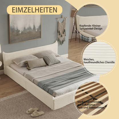 Doppelbett 140x200cm, mit Samtweichem Chenille-Bezug & Elegantem Kleinkantendesign am Kopfende, Beige (ohne Matratze)