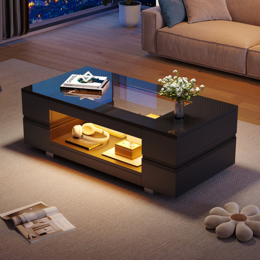 Schwarzer LED-Couchtisch mit Bluetooth-App-Steuerung, doppelschichtiger Hochglanz-Hohldesigntisch, geeignet für Partys, Büros, Wohnzimmer