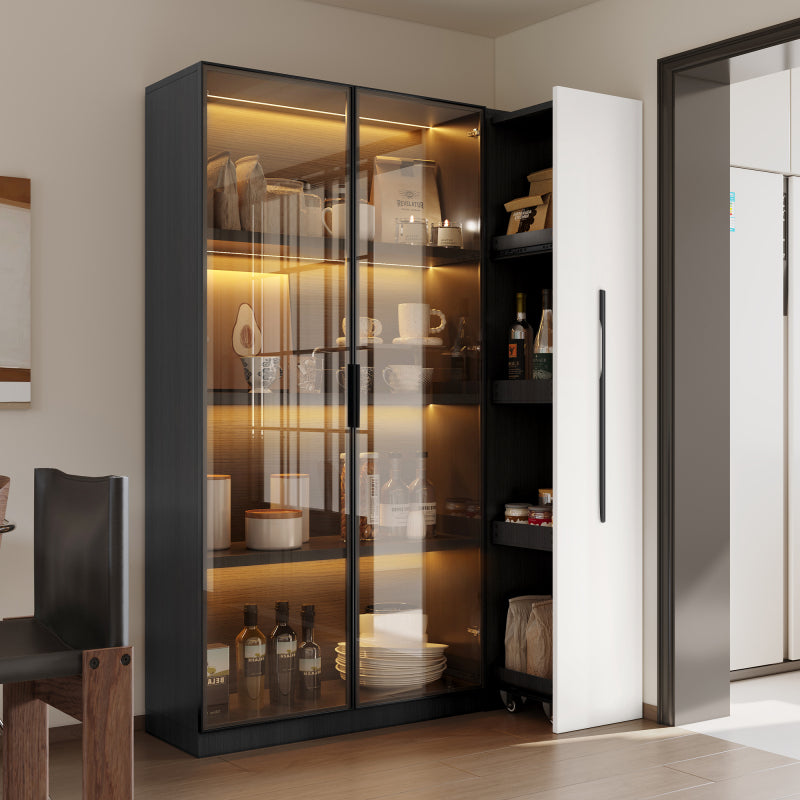 Multifunktionsschrank 110,5x35x160 cm, Schwarz-Weiß: Moderne Vitrine mit Glastür, LED, Seitenauszug, Rollschrank, ideal für Bücher, Bad, Esszimmer.